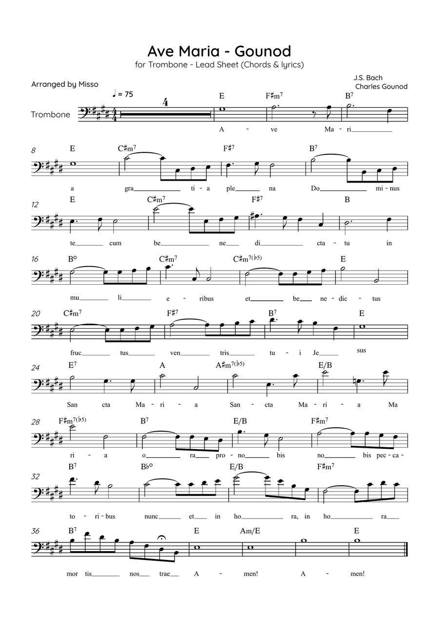 Ave Maria (Gounod) - Trombone in E Major - Beginner/Easy Lead Sheet Trombone Solo scores gallery preview page 1
