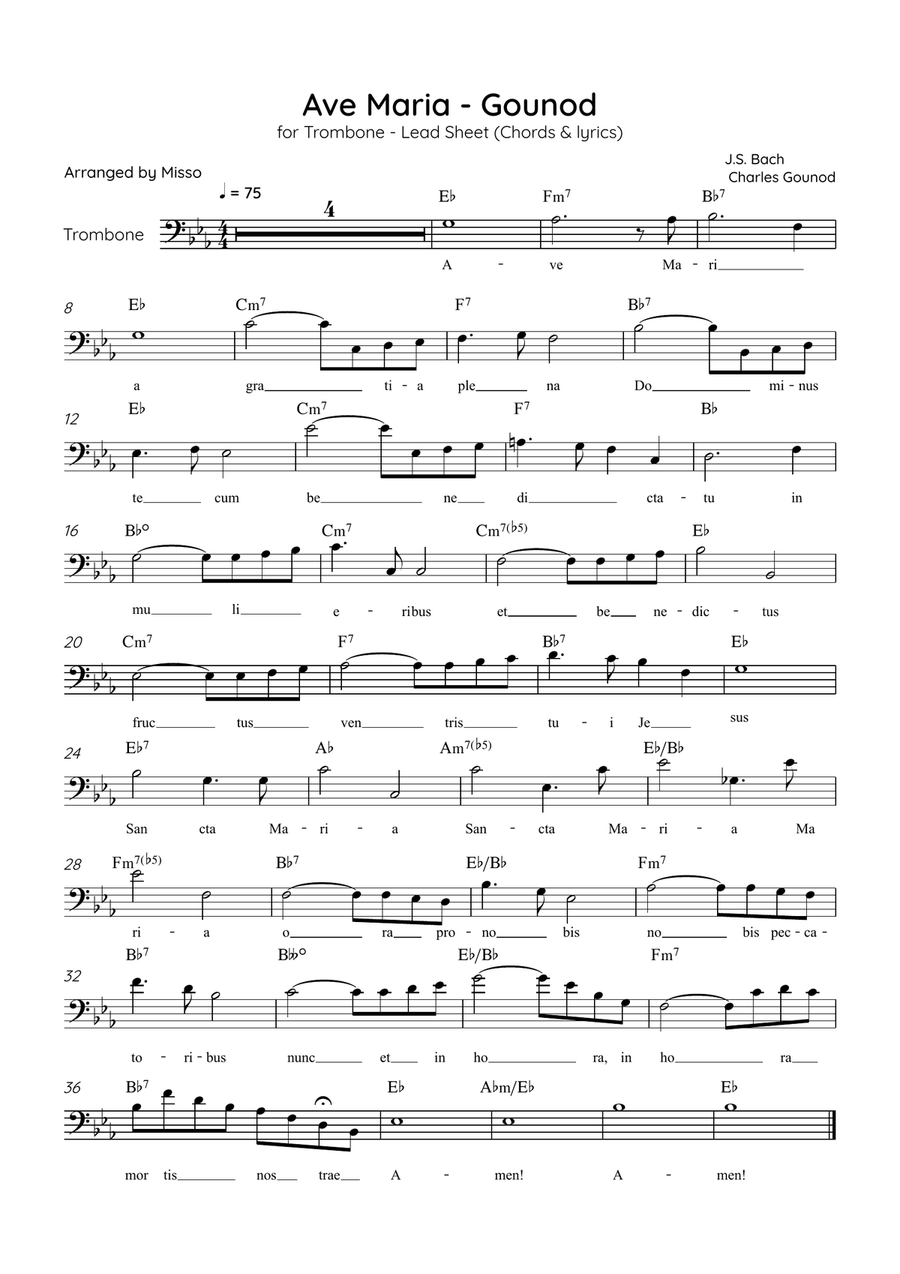 Ave Maria (Gounod) - Trombone in Eb Major - Beginner/Easy Lead Sheet Trombone Solo scores gallery preview page 1