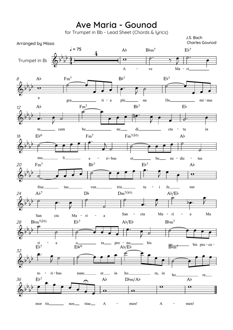 Ave Maria (Gounod) - Trumpet in Ab Major - Beginner/Easy Lead Sheet Trumpet Solo scores gallery preview page 1