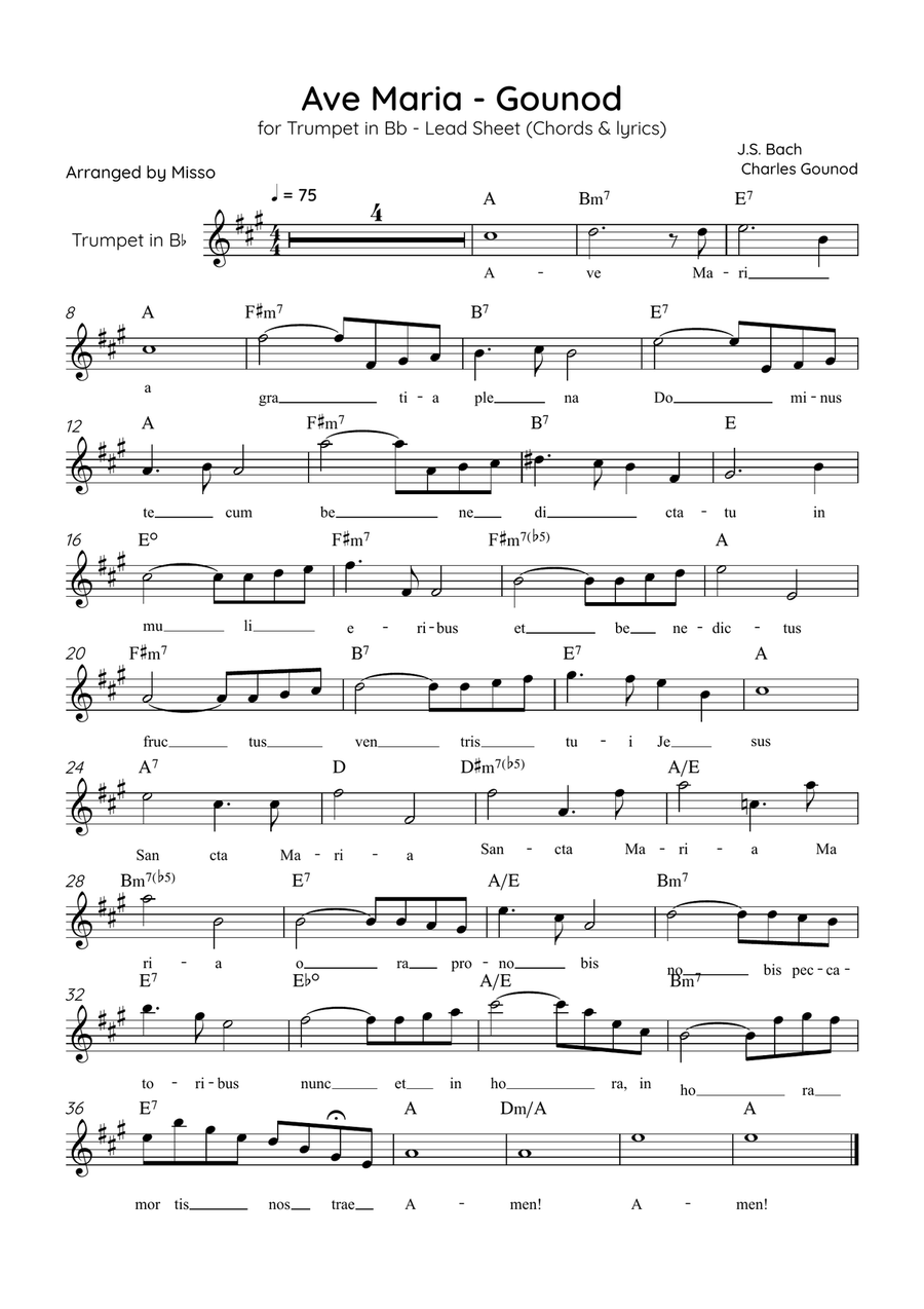 Ave Maria (Gounod) - Trumpet in A Major - Beginner/Easy Lead Sheet A Trumpet scores gallery preview page 1