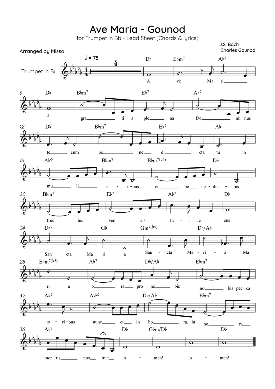Ave Maria (Gounod) - Trumpet in Db Major - Beginner/Easy Lead Sheet Trumpet Solo scores gallery preview page 1