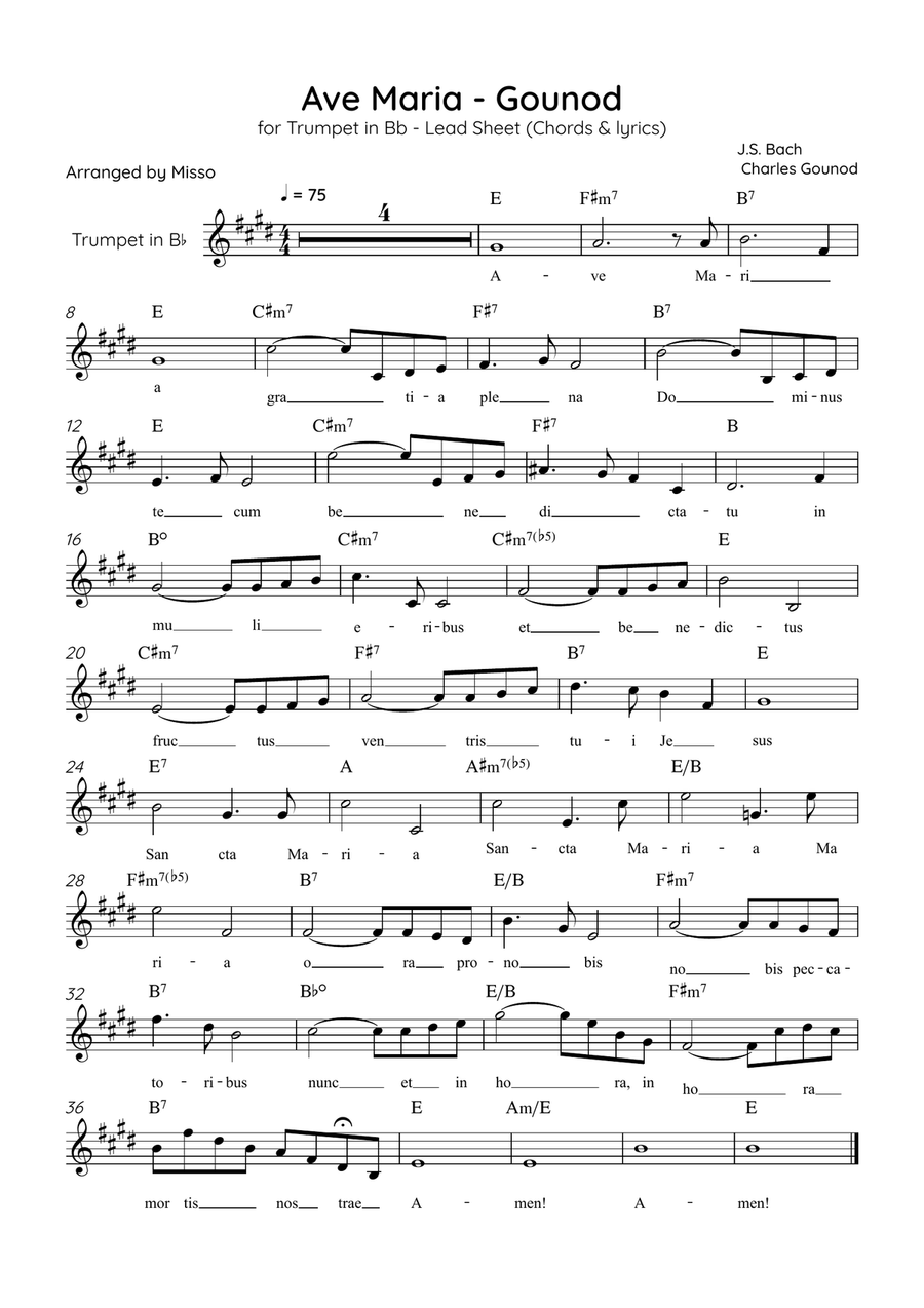 Ave Maria (Gounod) - Trumpet in E Major - Beginner/Easy Lead Sheet Trumpet Solo scores gallery preview page 1