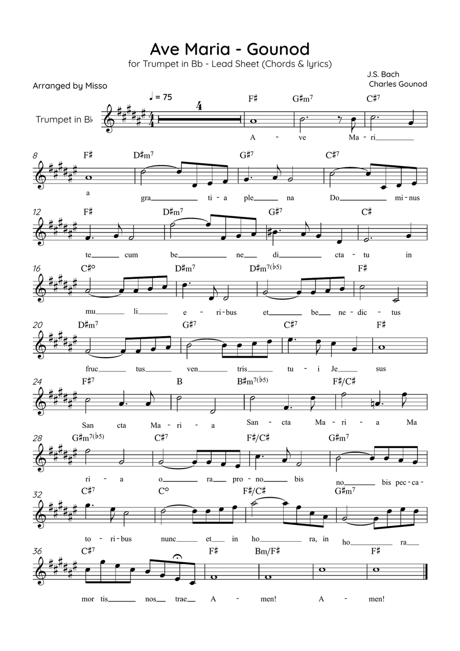 Ave Maria (Gounod) - Trumpet in F# Major - Beginner/Easy Lead Sheet Trumpet Solo scores gallery preview page 1
