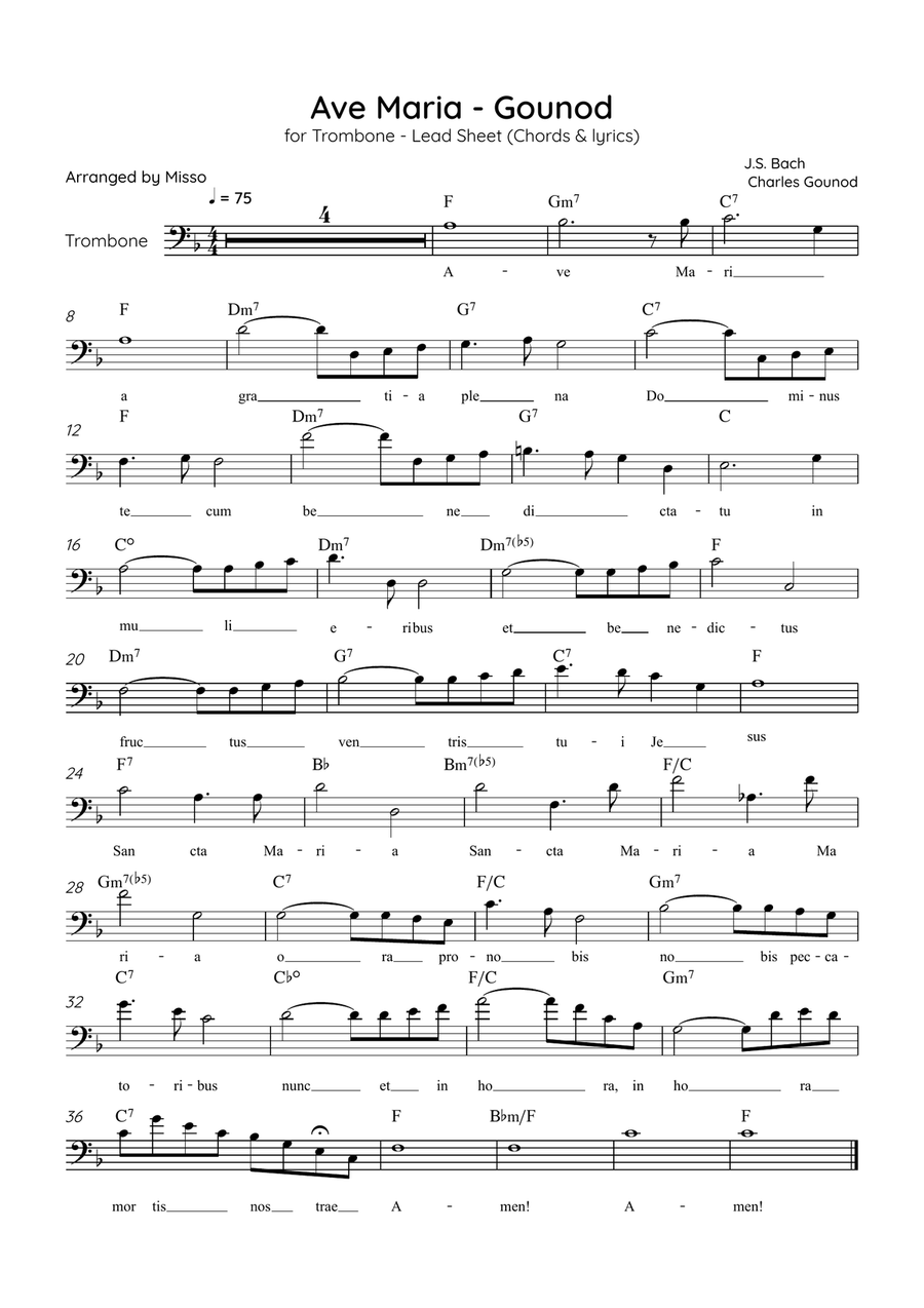 Ave Maria (Gounod) - Trombone in F Major - Beginner/Easy Lead Sheet Trombone Solo scores gallery preview page 1