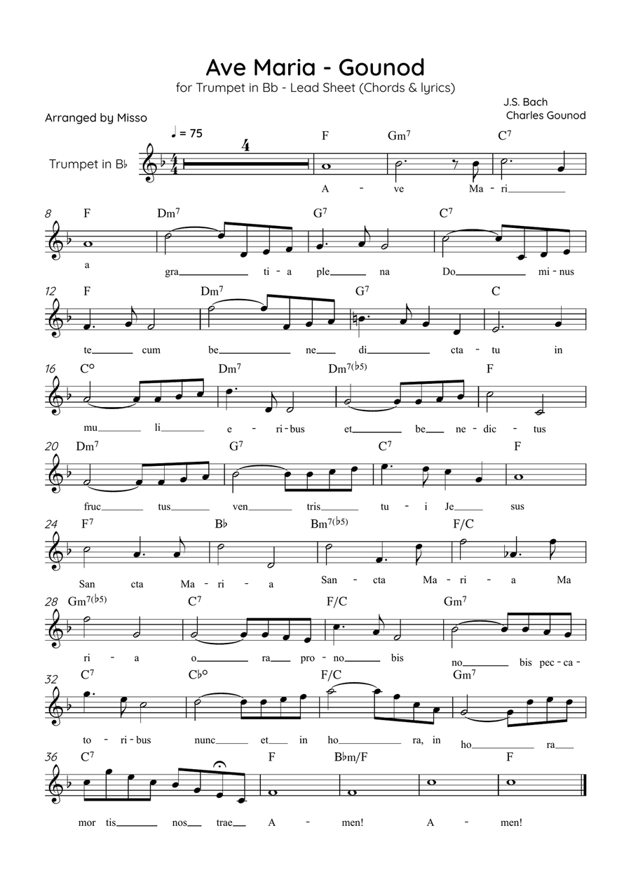 Ave Maria (Gounod) - Trumpet in Eb Major - Beginner/Easy Lead Sheet Trumpet Solo scores gallery preview page 1