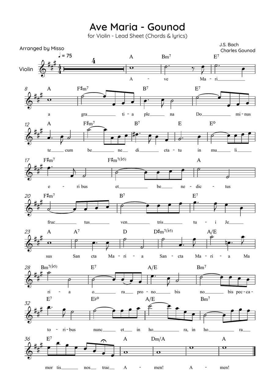 Ave Maria (Gounod) - Violin in A Major - Beginner/Easy Lead Sheet Violin Solo scores gallery preview page 1