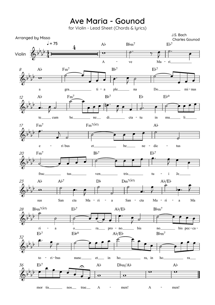 Ave Maria (Gounod) - Violin in Ab Major - Beginner/Easy Lead Sheet Violin Solo scores gallery preview page 1