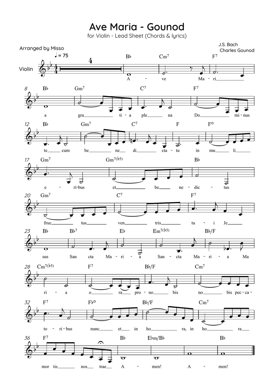 Ave Maria (Gounod) - Violin in Bb Major - Beginner/Easy Lead Sheet Violin Solo scores gallery preview page 1