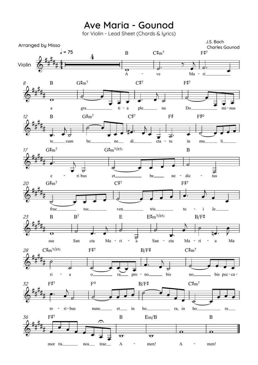 Ave Maria (Gounod) - Violin in B Major - Beginner/Easy Lead Sheet Violin Solo scores gallery preview page 1