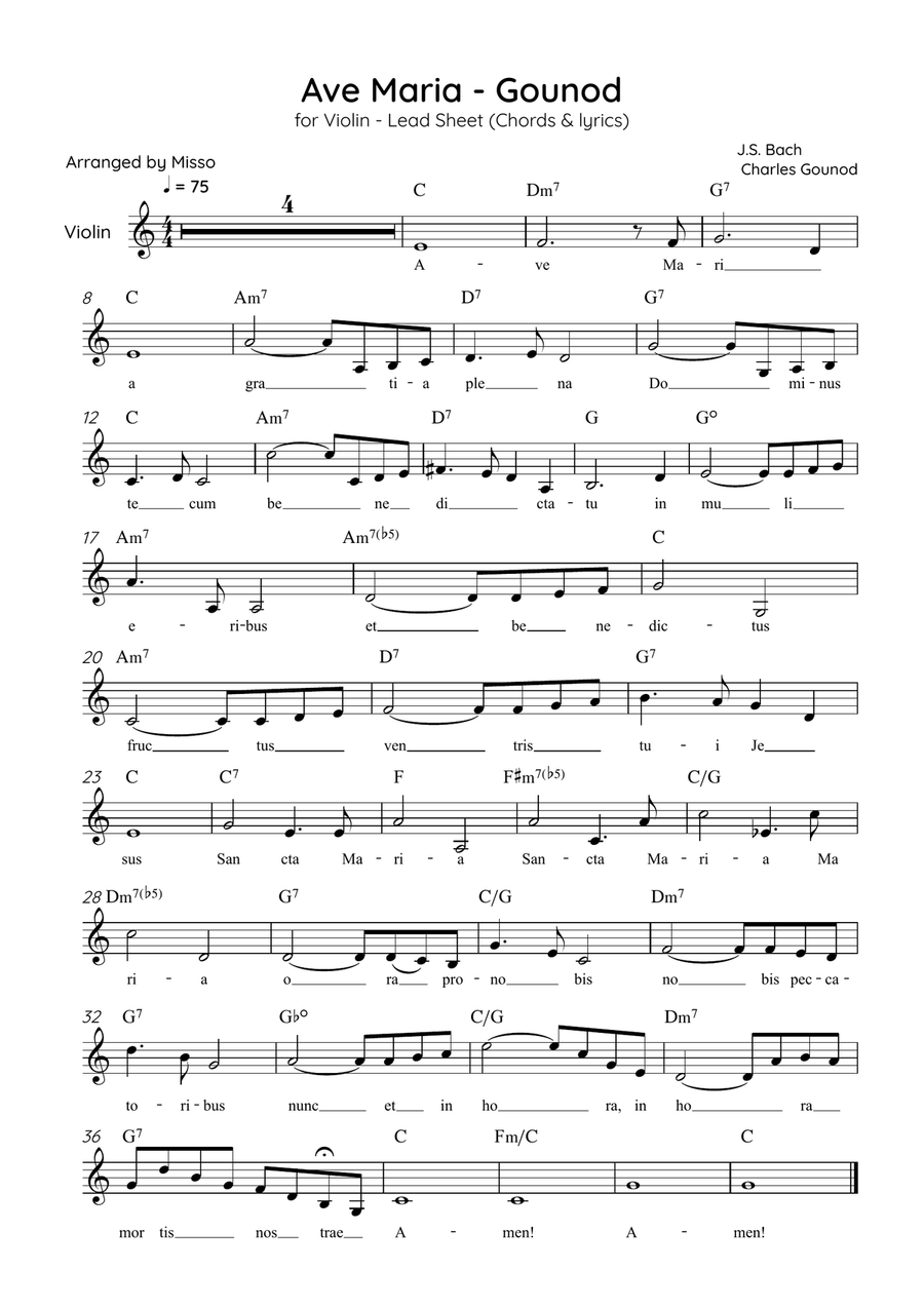 Ave Maria (Gounod) - Violin in C Major - Beginner/Easy Lead Sheet Violin Solo scores gallery preview page 1