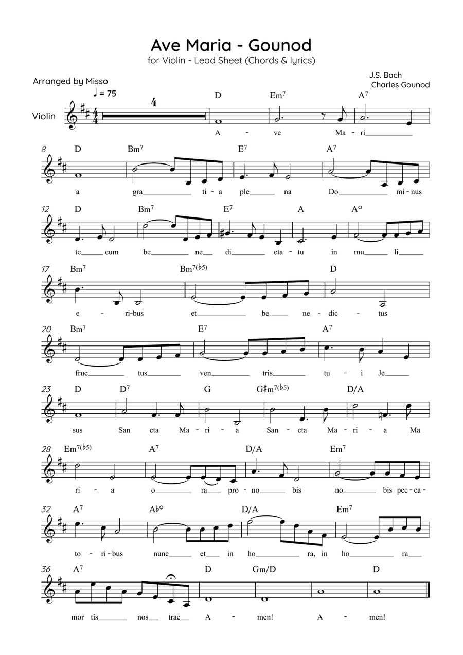 Ave Maria (Gounod) - Violin in D Major - Beginner/Easy Lead Sheet Violin Solo scores gallery preview page 1
