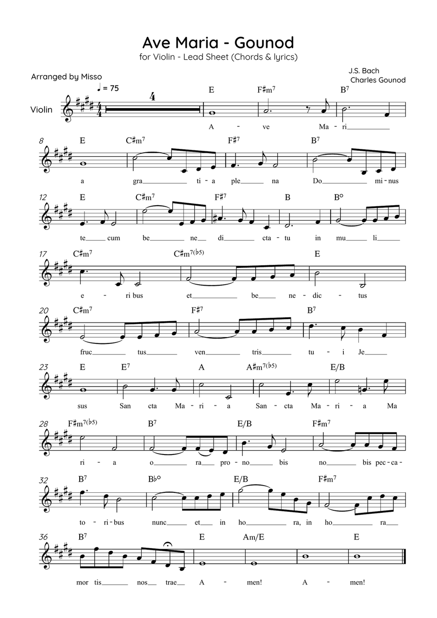 Ave Maria (Gounod) - Violin in E Major - Beginner/Easy Lead Sheet Violin Solo scores gallery preview page 1