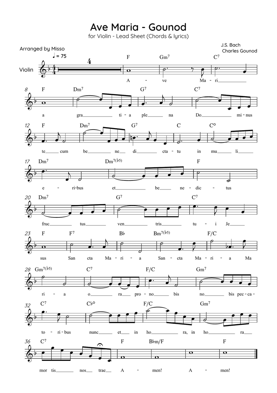 Ave Maria (Gounod) - Violin in F Major - Beginner/Easy Lead Sheet Violin Solo scores gallery preview page 1