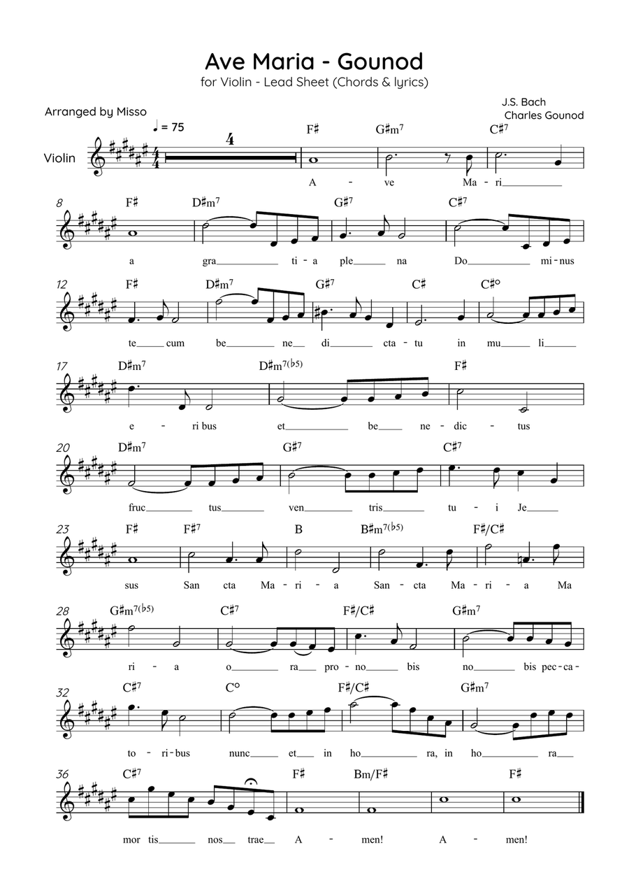 Ave Maria (Gounod) - Violin in F# Major - Beginner/Easy Lead Sheet Violin Solo scores gallery preview page 1