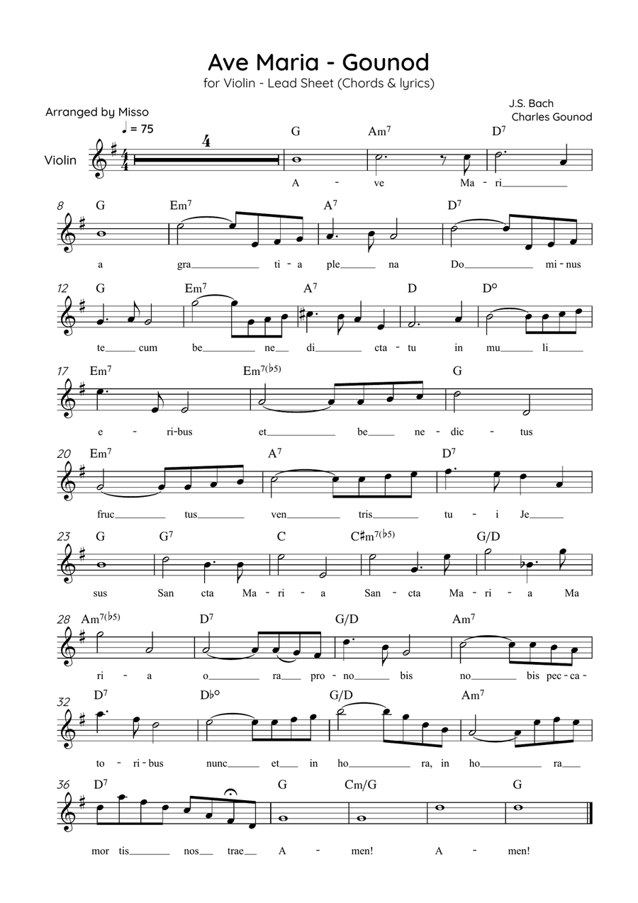 Ave Maria (Gounod) - Violin in G Major - Beginner/Easy Lead Sheet Violin Solo scores gallery preview page 1