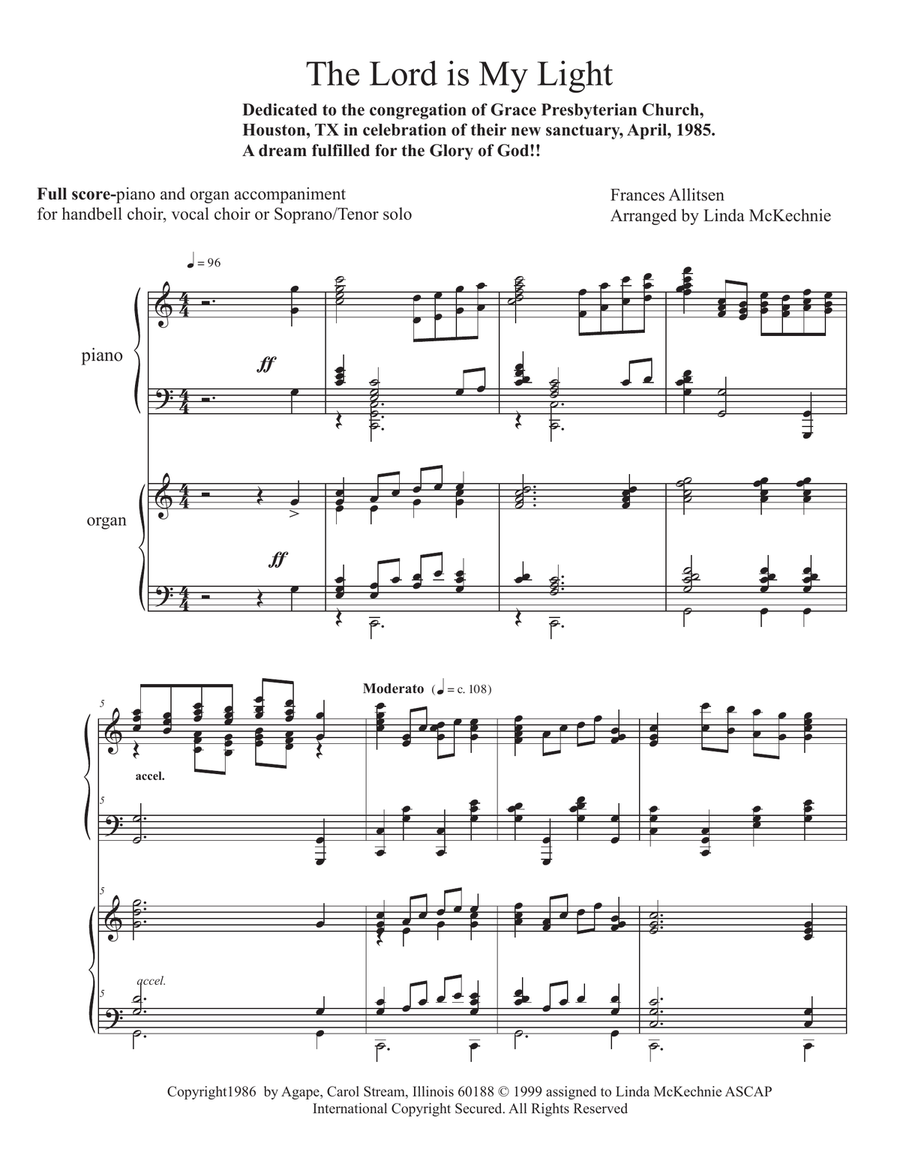 The Lord is My Light and My Salvation- piano/ organ accompaniment for handbells, SATB choir , solos 4-Part scores gallery preview page 1