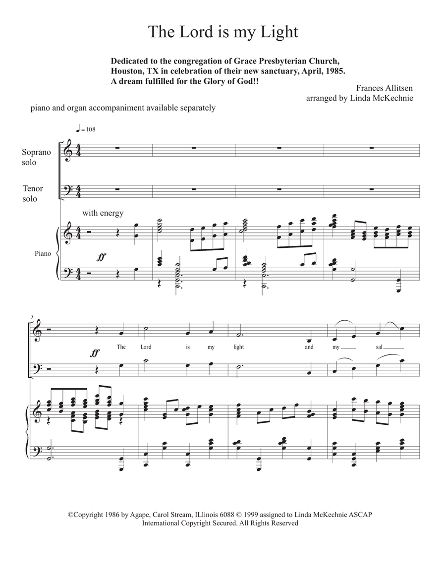 The Lord is My Light and My Salvation-Soprano and/or Tenor solo with piano accompaniment Tenor Voice scores gallery preview page 1