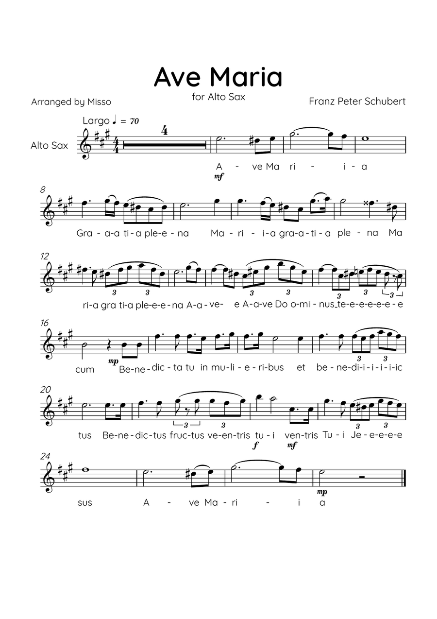 Ave Maria (Schubert) - Alto Sax in C Major - Lyrics Alto Saxophone scores gallery preview page 1
