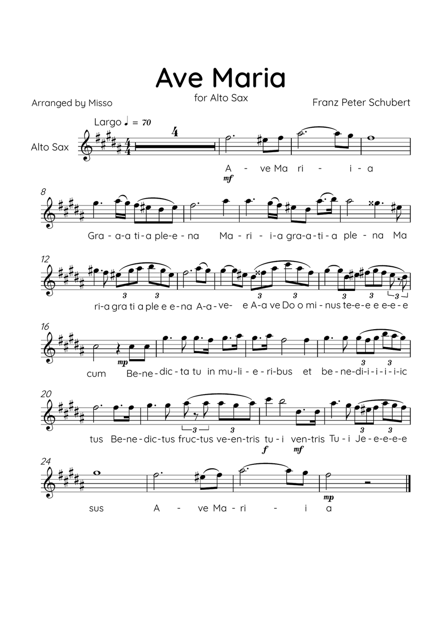 Ave Maria (Schubert) - Alto Sax in D Major - Lyrics Alto Saxophone scores gallery preview page 1