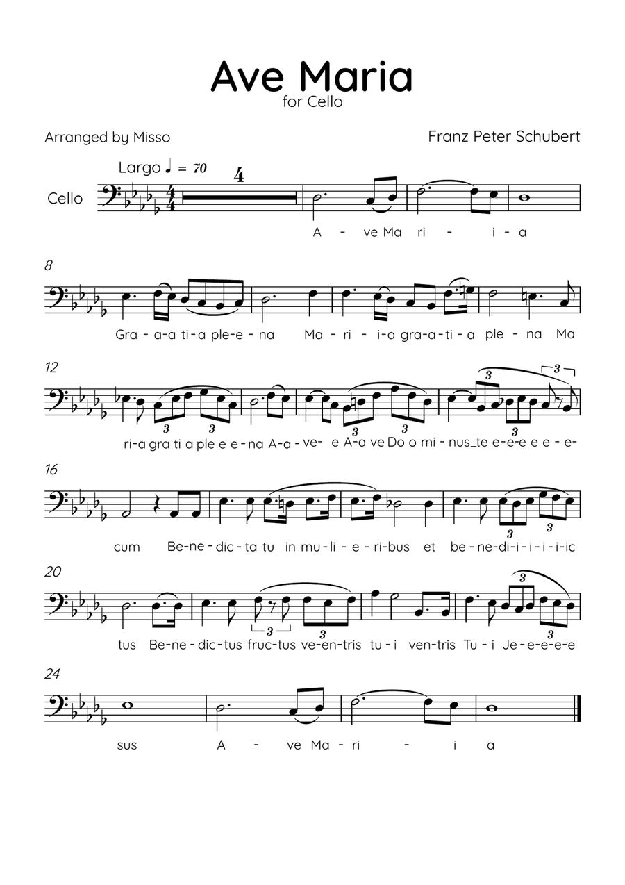 Ave Maria (Schubert) - Cello in Db Major - Lyrics Cello Solo scores gallery preview page 1