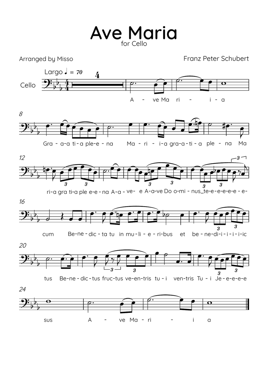 Ave Maria (Schubert) - Cello in Eb Major - Lyrics Cello Solo scores gallery preview page 1