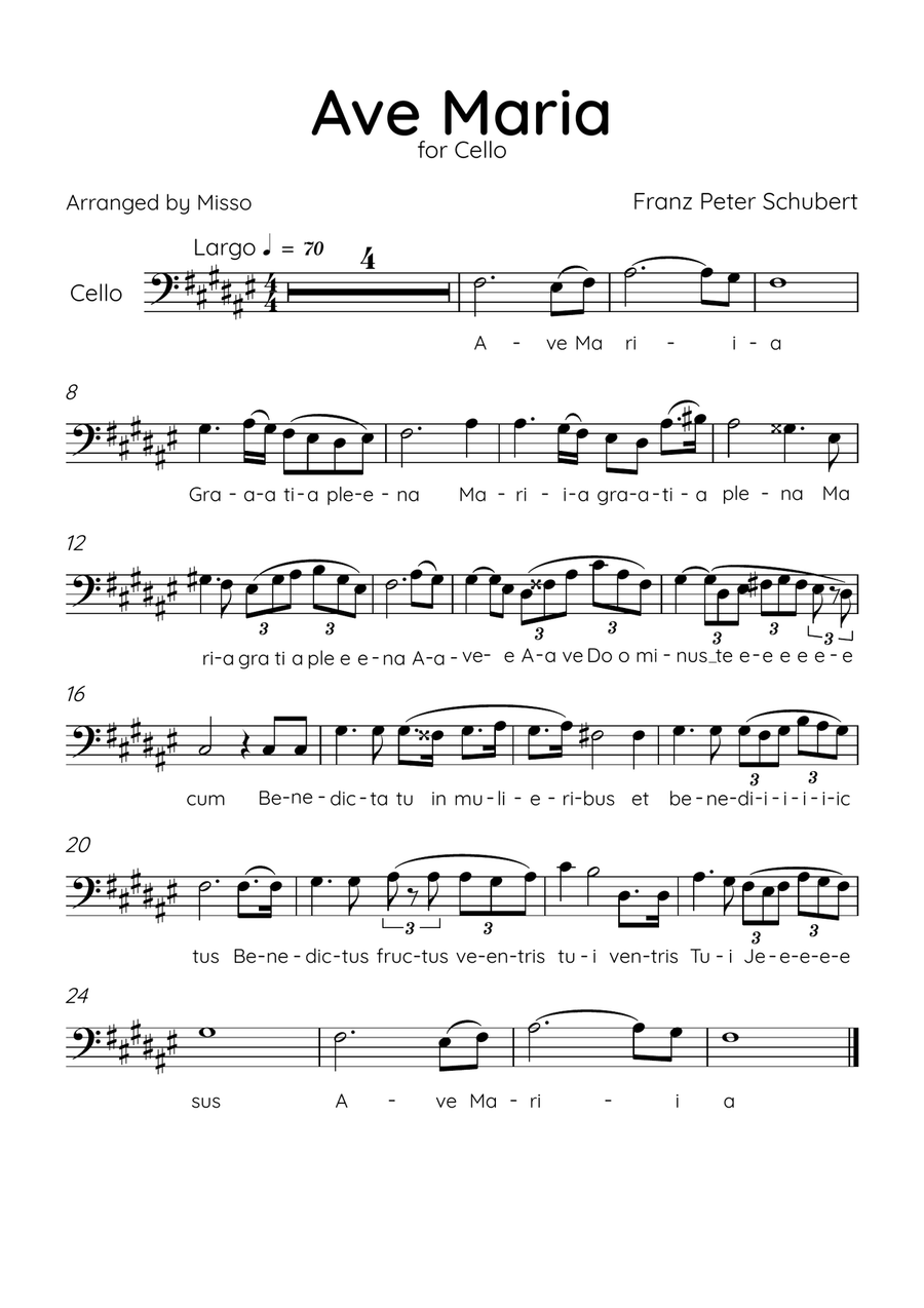 Ave Maria (Schubert) - Cello in F# Major - Lyrics Cello Solo scores gallery preview page 1