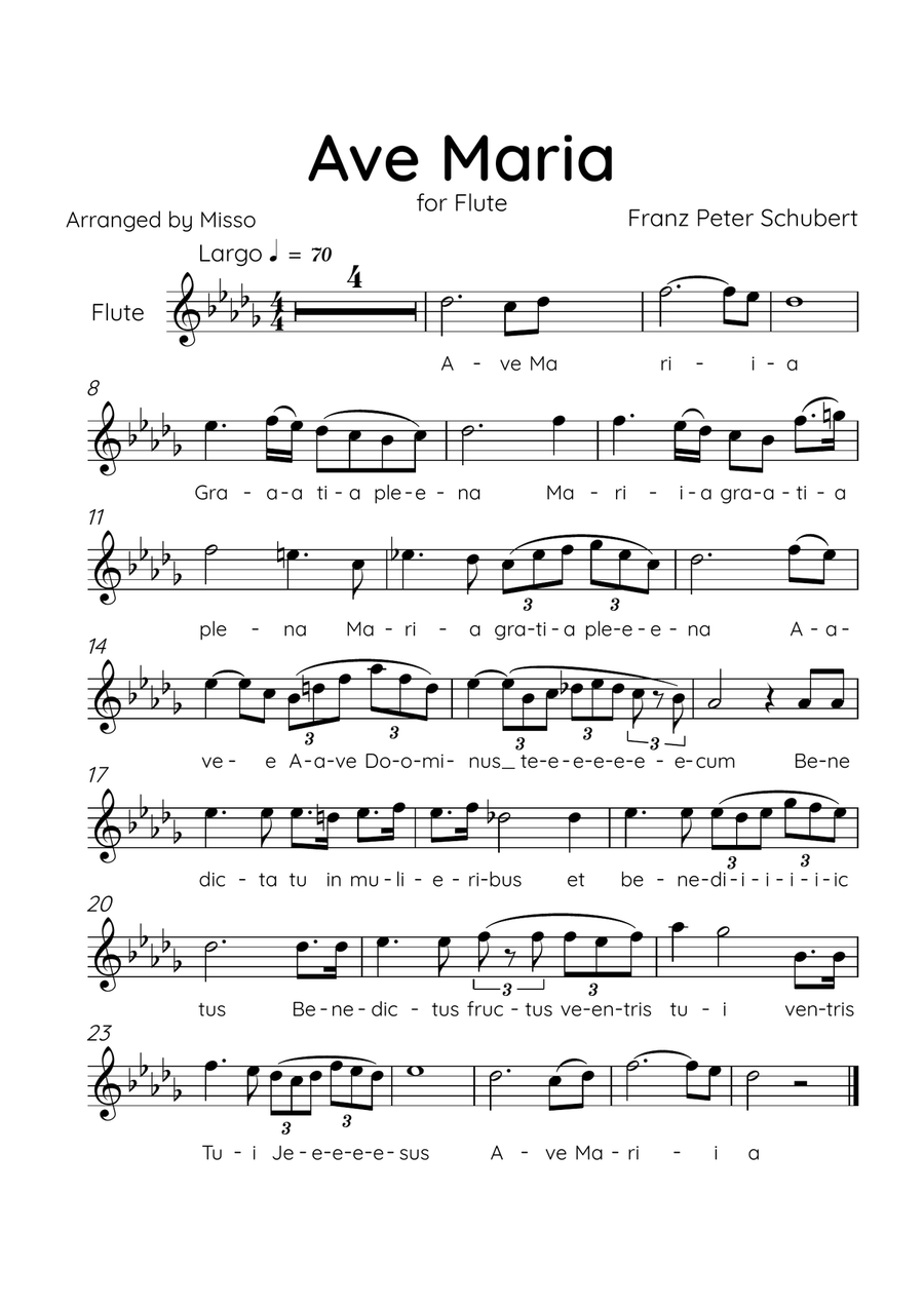 Ave Maria (Schubert) - Flute in Db Major - Lyrics Flute Solo scores gallery preview page 1