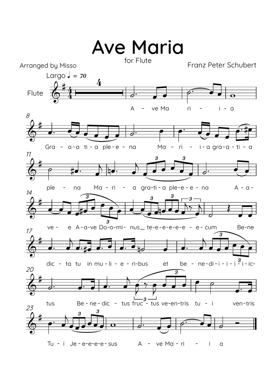 Ave Maria (Schubert) - Flute in G Major - Lyrics Flute Solo scores gallery preview page 1