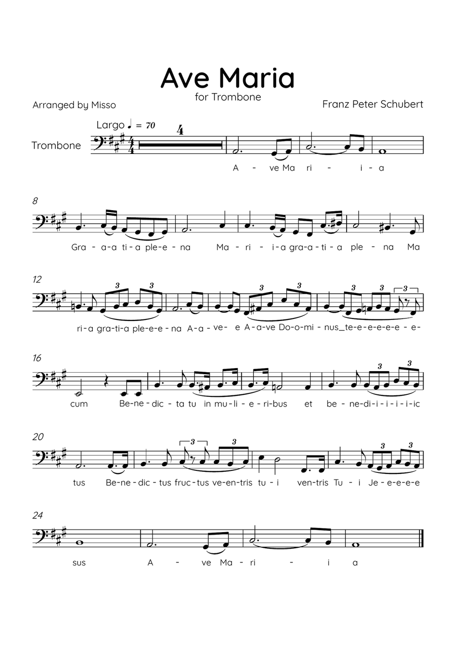 Ave Maria (Schubert) - Trombone in A Major - Lyrics Trombone Solo scores gallery preview page 1