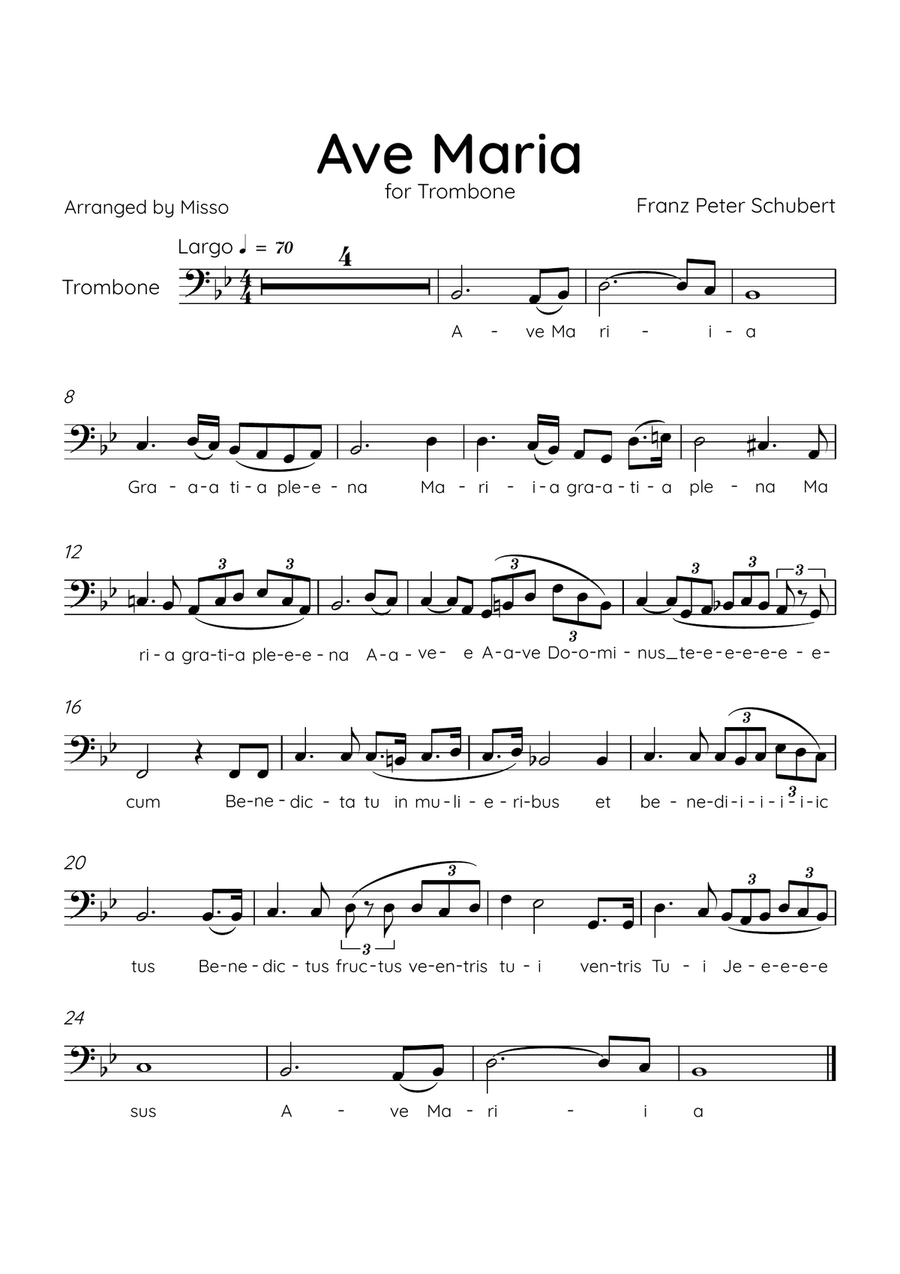 Ave Maria (Schubert) - Trombone in Bb Major - Lyrics Trombone Solo scores gallery preview page 1