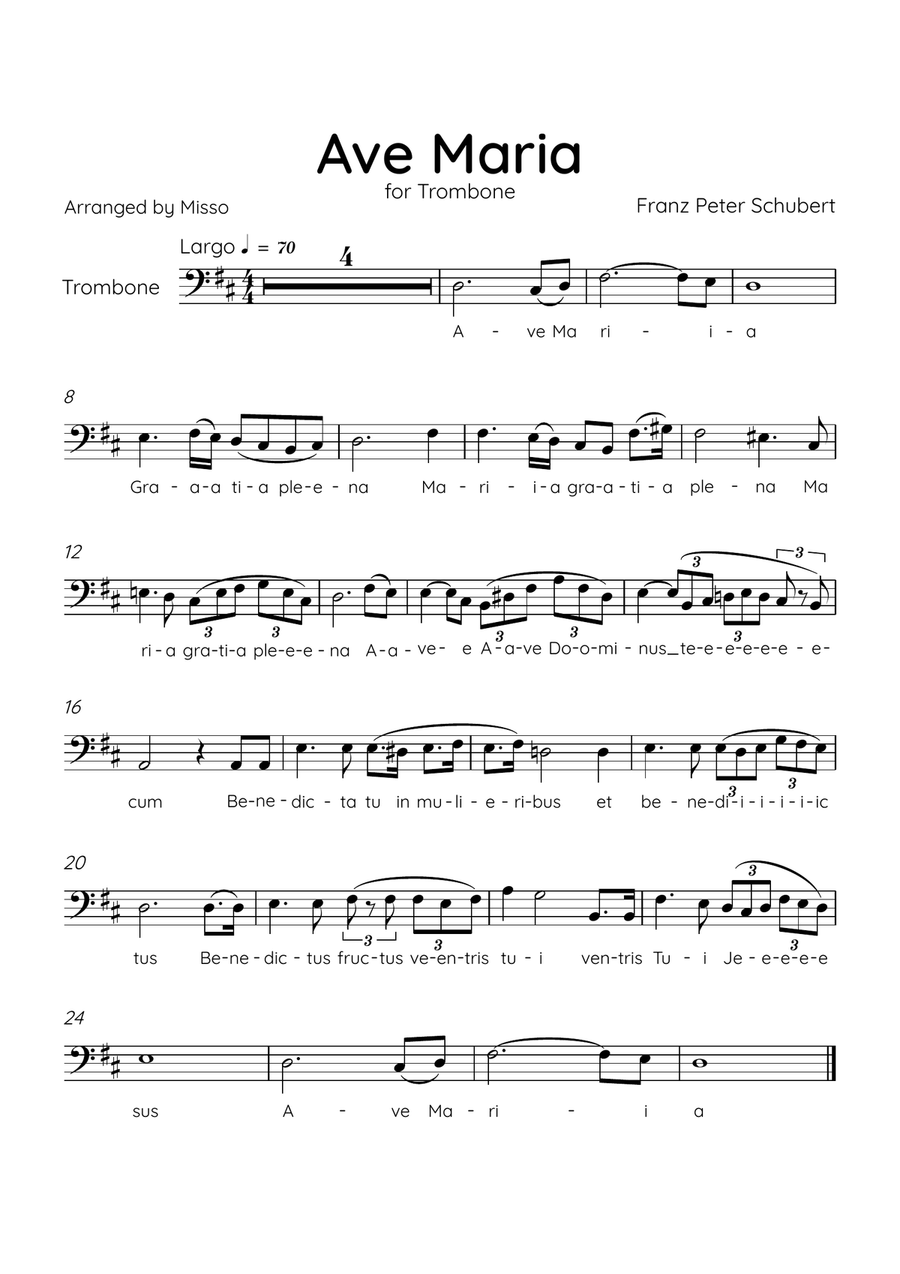 Ave Maria (Schubert) - Trombone in D Major - Lyrics Trombone Solo scores gallery preview page 1