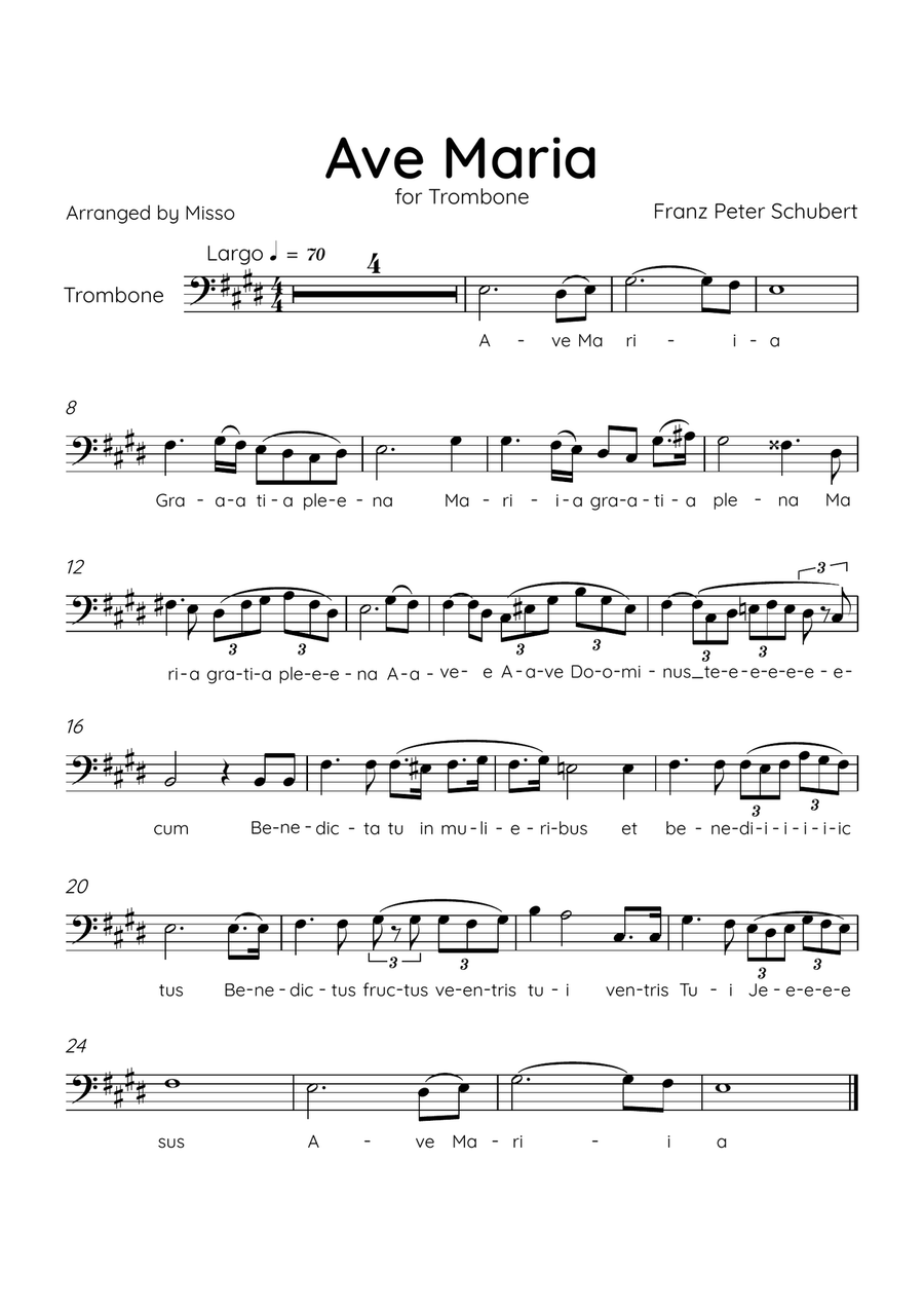 Ave Maria (Schubert) - Trombone in E Major - Lyrics Trombone Solo scores gallery preview page 1