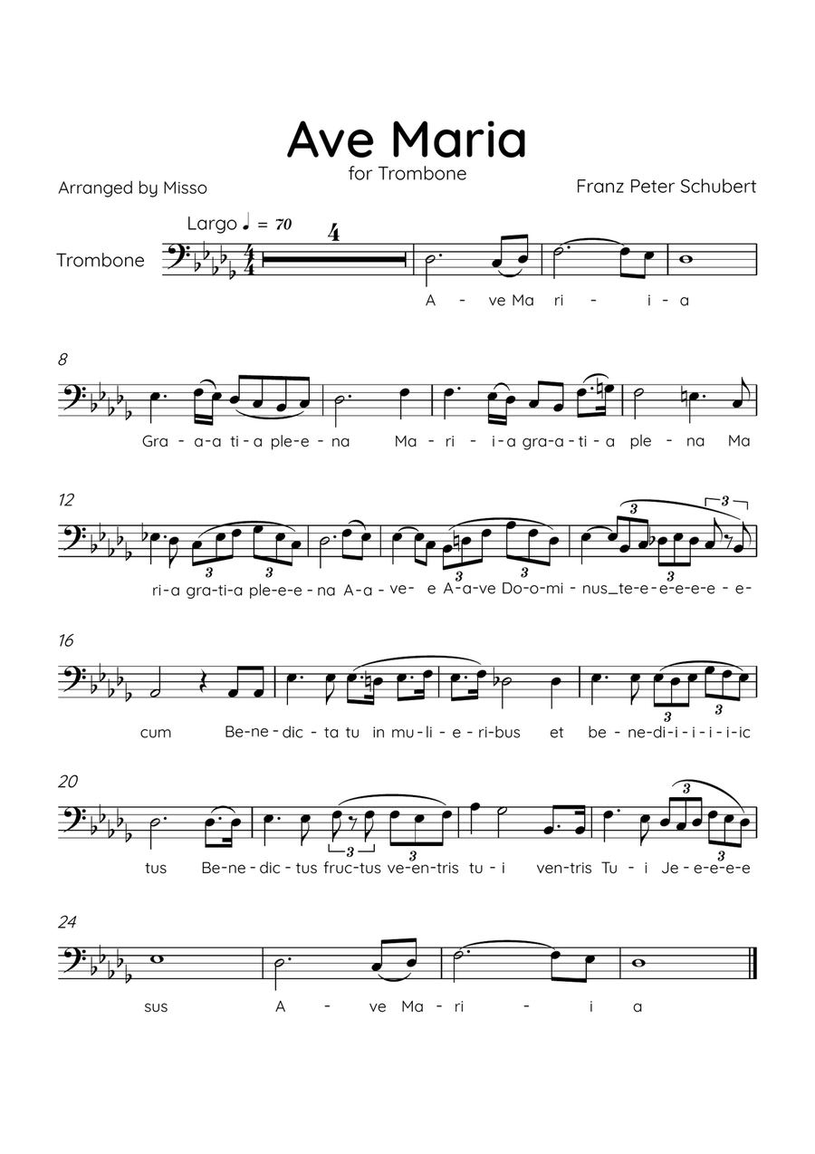 Ave Maria (Schubert) - Trombone in Db Major - Lyrics Trombone Solo scores gallery preview page 1