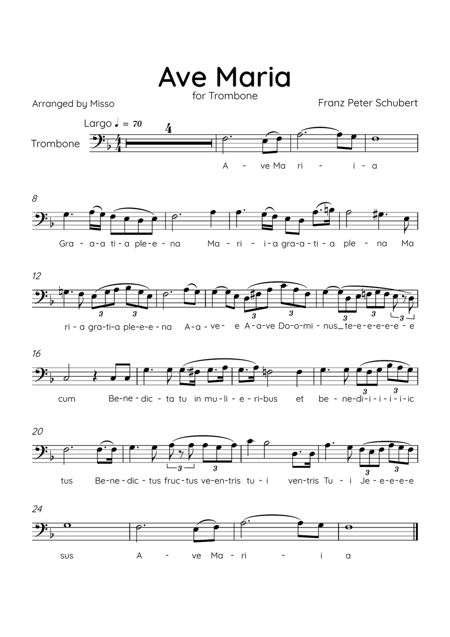 Ave Maria (Schubert) - Trombone in F Major - Lyrics Trombone Solo scores gallery preview page 1