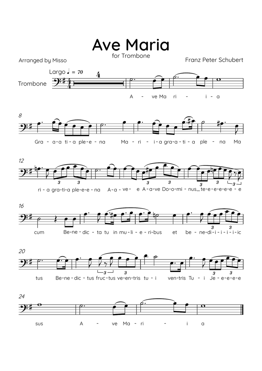 Ave Maria (Schubert) - Trombone in G Major - Lyrics Trombone Solo scores gallery preview page 1