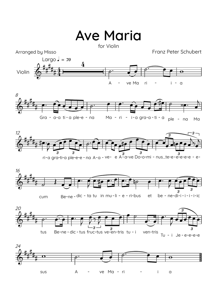 Ave Maria (Schubert) - Violin in B Major - Lyrics Violin Solo scores gallery preview page 1