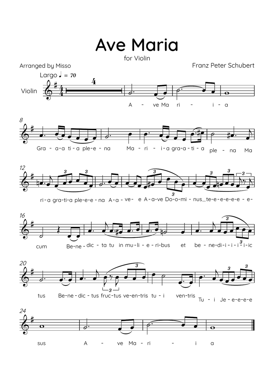 Ave Maria (Schubert) - Violin in G Major - Lyrics Violin Solo scores gallery preview page 1