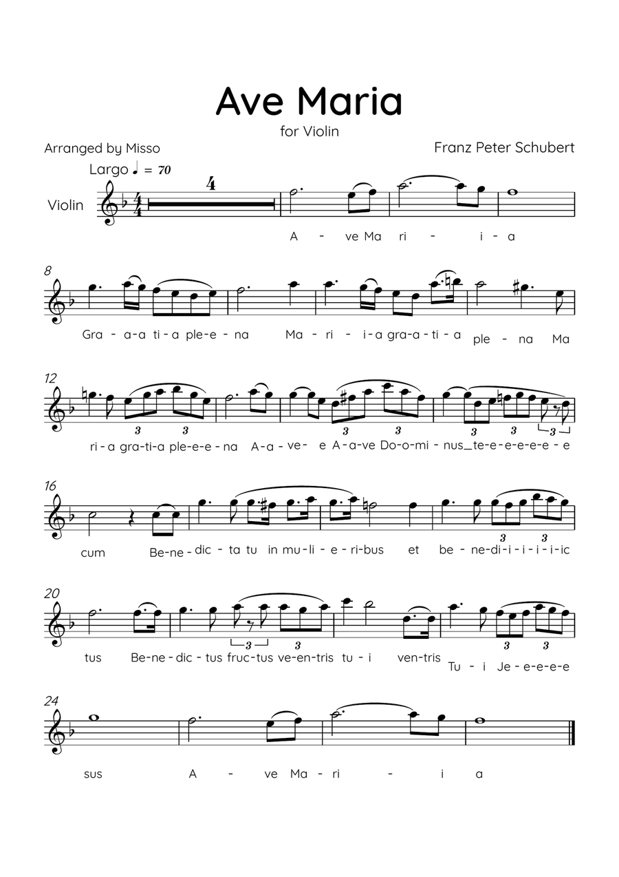 Ave Maria (Schubert) - Violin in F Major - Lyrics Violin Solo scores gallery preview page 1