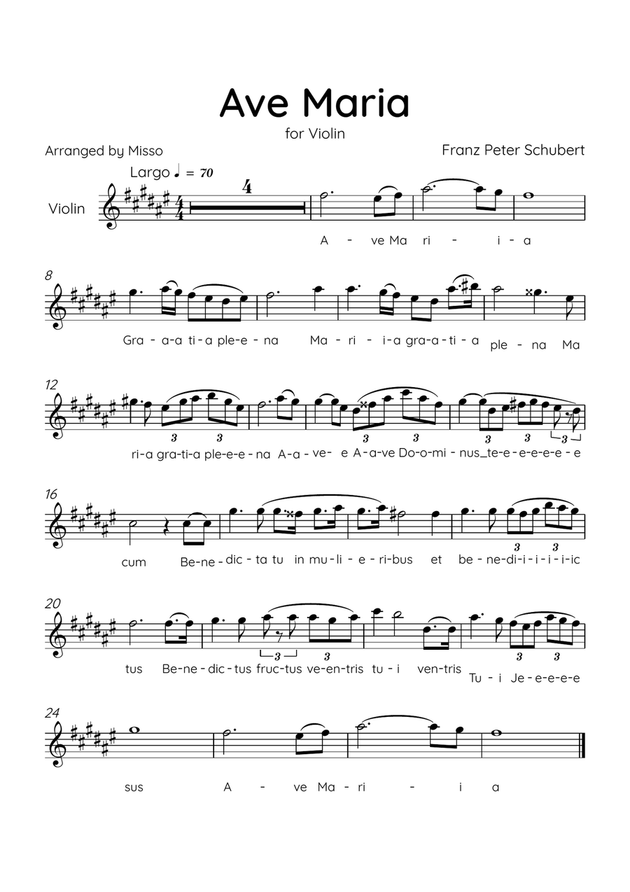 Ave Maria (Schubert) - Violin in F# Major - Lyrics Violin Solo scores gallery preview page 1