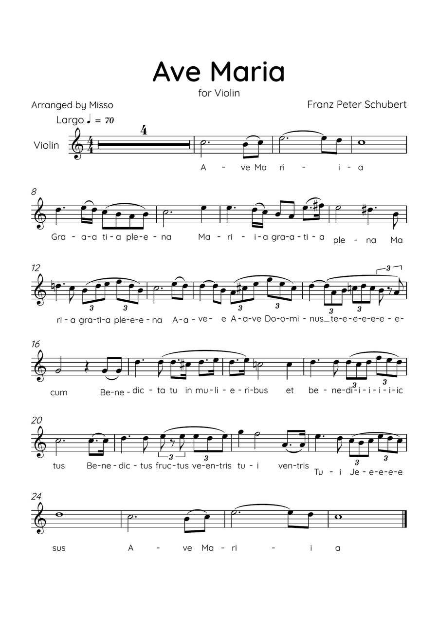 Ave Maria (Schubert) - Violin in C Major - Lyrics Violin Solo scores gallery preview page 1