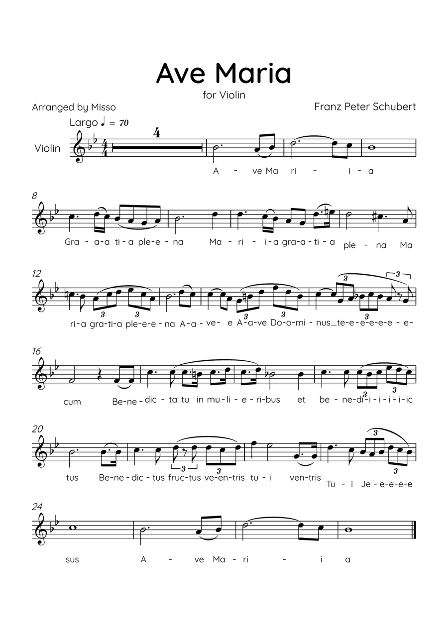 Ave Maria (Schubert) - Violin in Bb Major - Lyrics Violin Solo scores gallery preview page 1