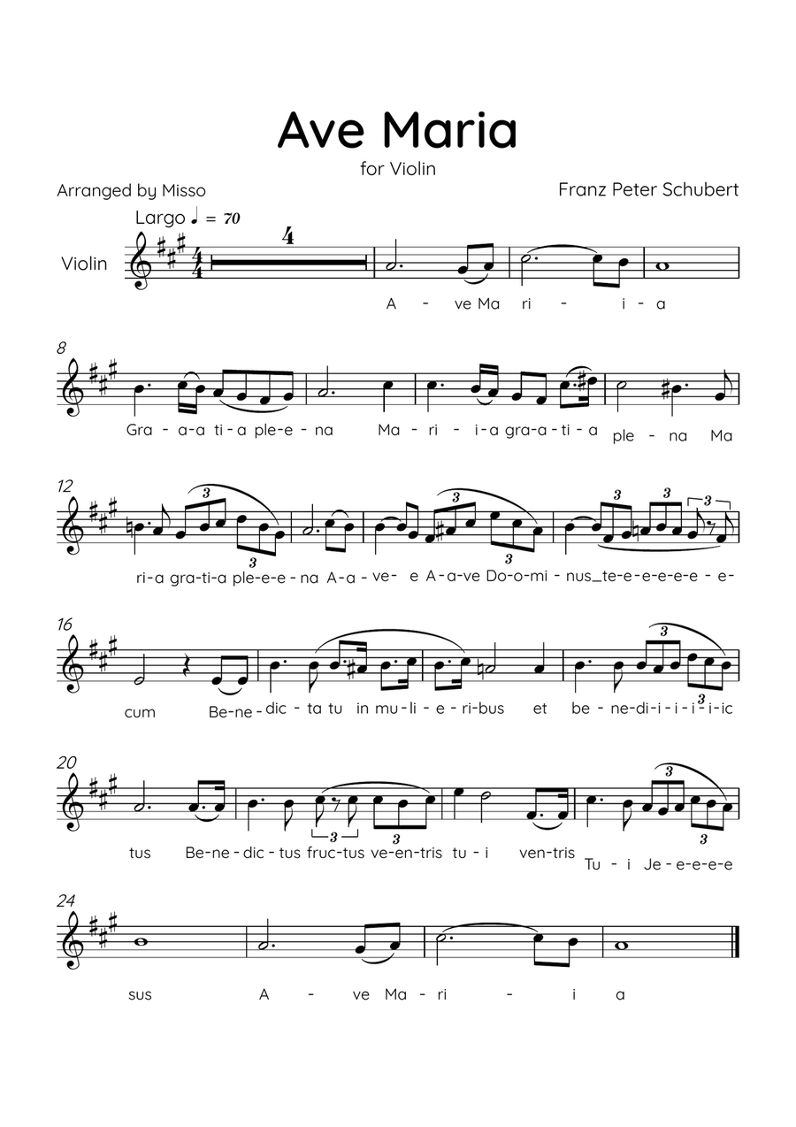 Ave Maria (Schubert) - Violin in A Major - Lyrics Violin Solo scores gallery preview page 1
