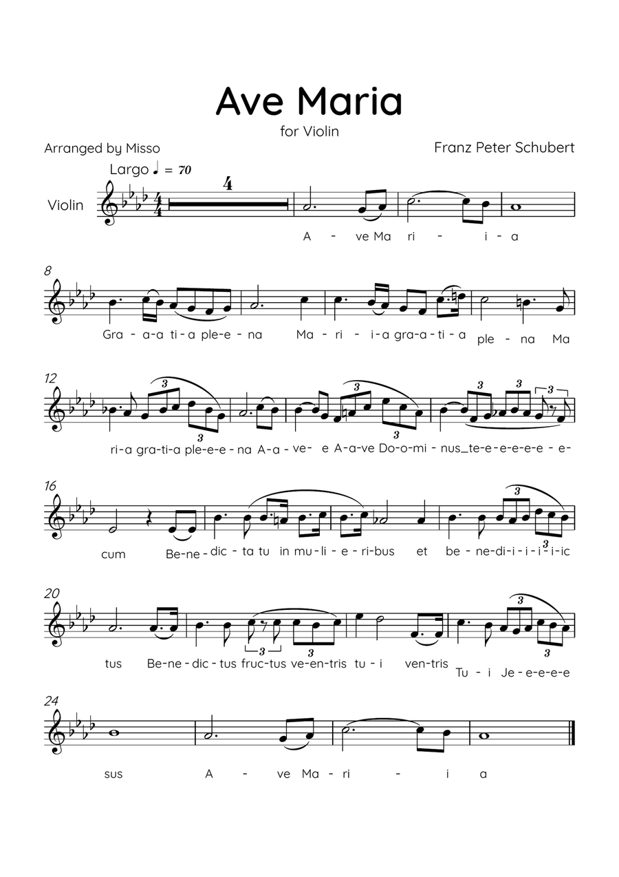 Ave Maria (Schubert) - Violin in Ab Major - Lyrics Violin Solo scores gallery preview page 1