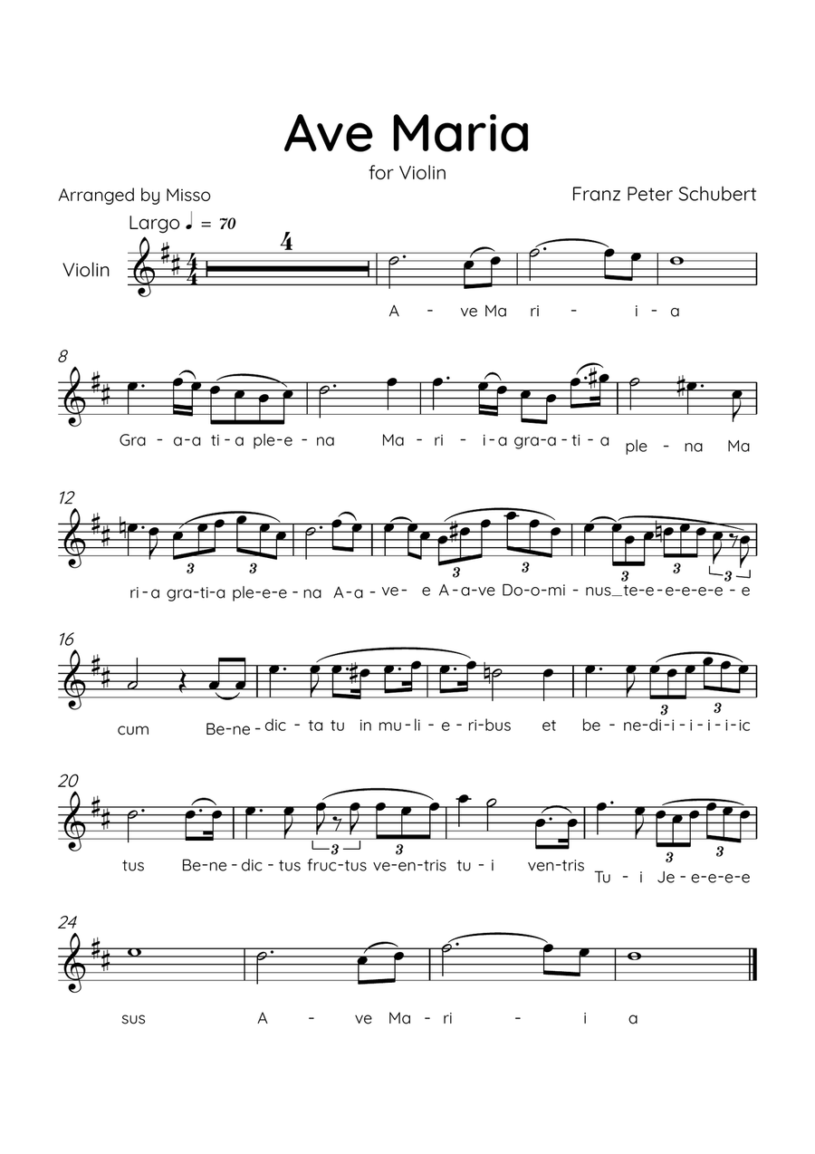 Ave Maria (Schubert) - Violin in D Major - Lyrics Violin Solo scores gallery preview page 1