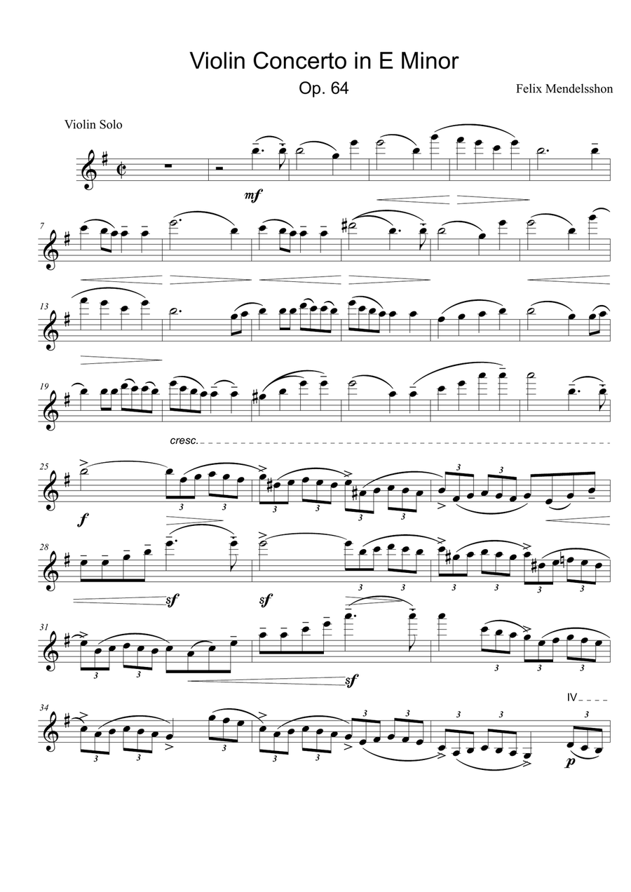 Mendelsshon, CONCERTO PER VIOLINO IN MI MINORE Op. 64 Violin Solo scores gallery preview page 1