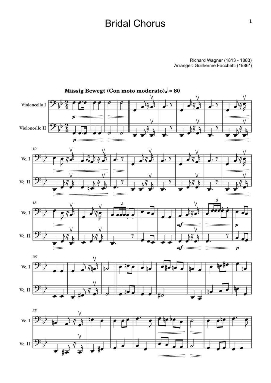 Bridal Chorus. R. Wagner - Arranged for Cello Duet String Duet scores gallery preview page 1