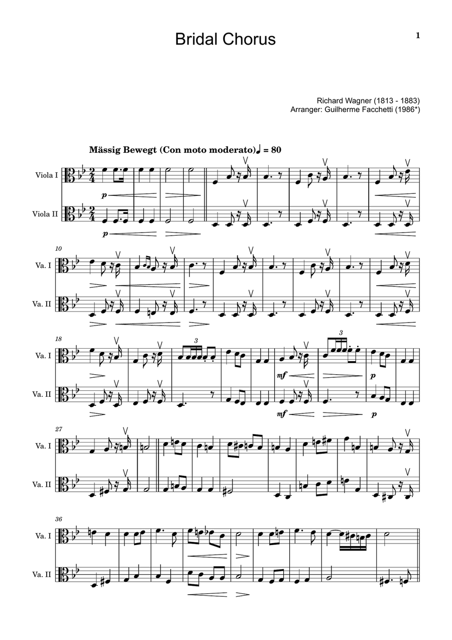 Bridal Chorus. R. Wagner - Arranged for Viola Duet String Duet scores gallery preview page 1