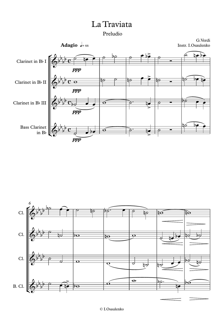 Traviata (Preludio) for clarinet quartet Clarinet Quartet scores gallery preview page 2