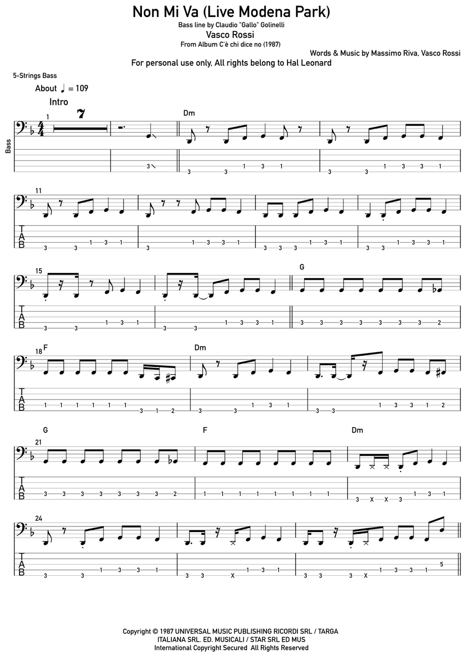Non Mi Va Bass Guitar Tablature scores gallery preview page 1