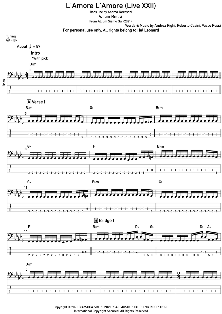 L'amore L'amore Bass Guitar Tablature scores gallery preview page 1